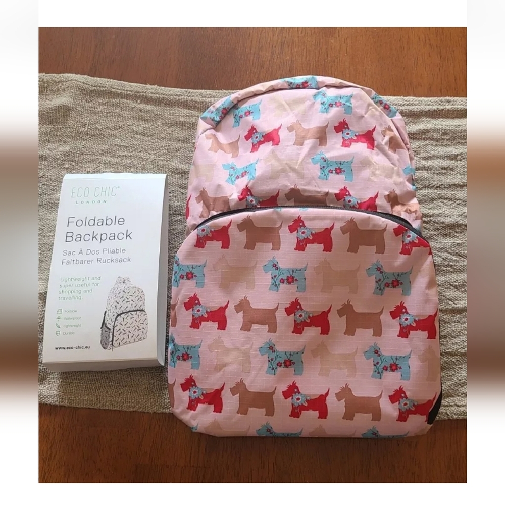 Pink Graphic Scottie Dog Foldable Back Pack  New With Tags London "Eco Chic"